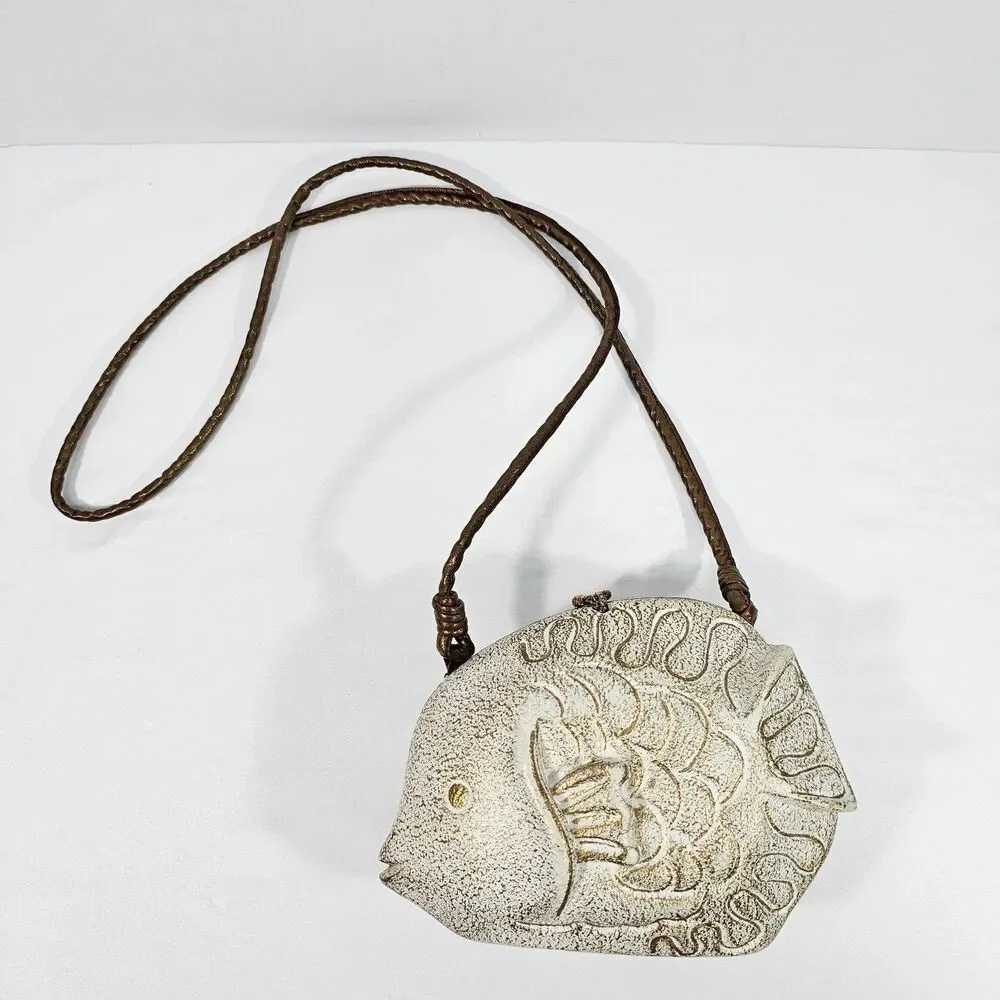 Timmy Woods Beverly Hills Vintage Carved Wood Fish Crossbody Bag Fisherman Rare